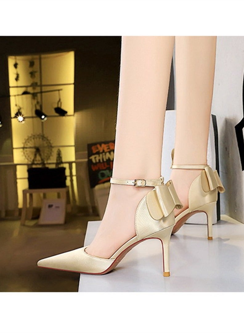 BIGTREE 7.5 سم كعب عالٍ أنيق ساتان مجوف بفم ضحل مع خط مدبب وزر مفرغ أحذية نسائية بيج - Image 2