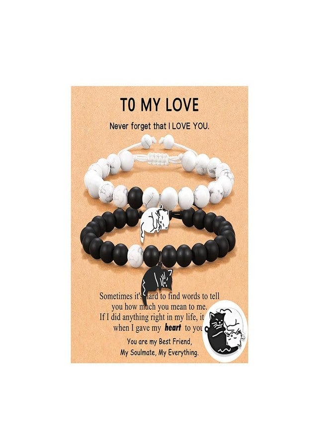 Cykdohy Black White Beaded Couple Bracelet 2 PCS Set for Women Men Handmade Natural Stone Matching Cute Cat Pendant Stretch Bracelets Animal Charm Friendship Jewelry with Card Valentines Gifts for Him Her - Image 1