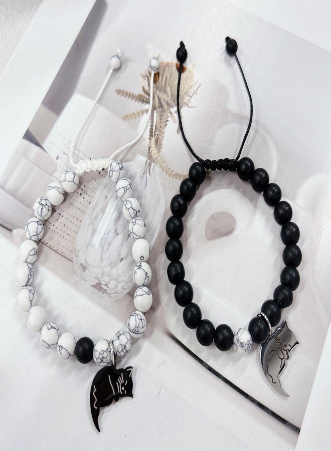 Cykdohy Black White Beaded Couple Bracelet 2 PCS Set for Women Men Handmade Natural Stone Matching Cute Cat Pendant Stretch Bracelets Animal Charm Friendship Jewelry with Card Valentines Gifts for Him Her - Image 4