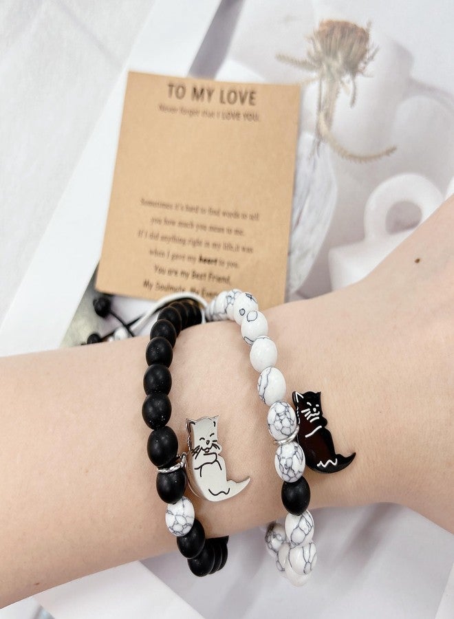 Cykdohy Black White Beaded Couple Bracelet 2 PCS Set for Women Men Handmade Natural Stone Matching Cute Cat Pendant Stretch Bracelets Animal Charm Friendship Jewelry with Card Valentines Gifts for Him Her - Image 3