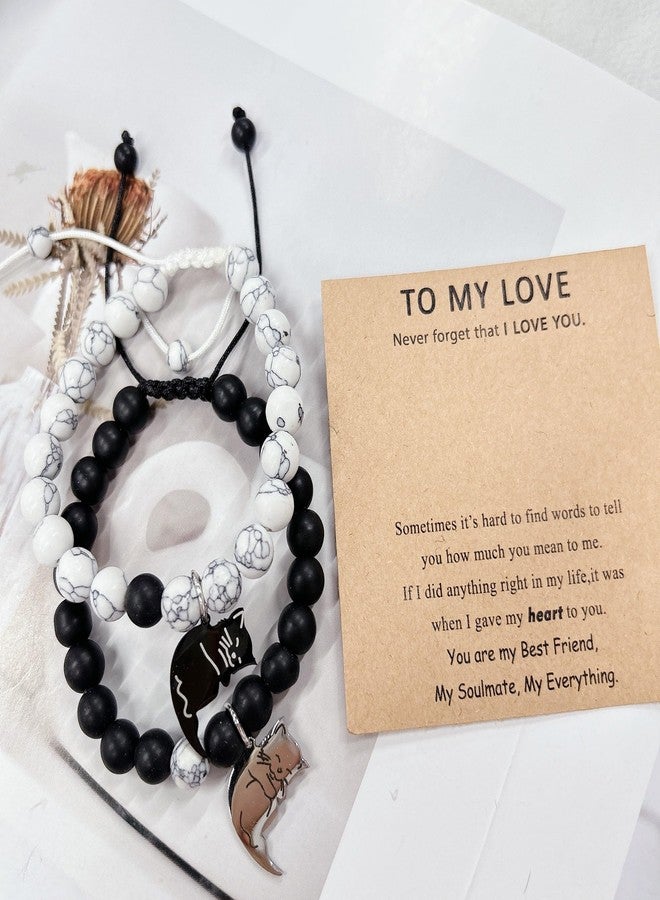 Cykdohy Black White Beaded Couple Bracelet 2 PCS Set for Women Men Handmade Natural Stone Matching Cute Cat Pendant Stretch Bracelets Animal Charm Friendship Jewelry with Card Valentines Gifts for Him Her - Image 5
