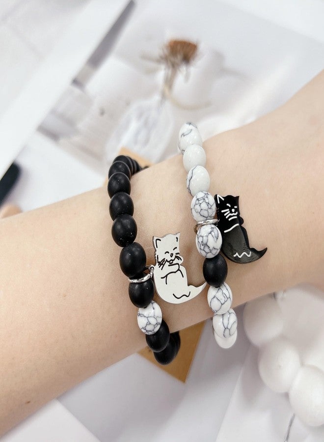 Cykdohy Black White Beaded Couple Bracelet 2 PCS Set for Women Men Handmade Natural Stone Matching Cute Cat Pendant Stretch Bracelets Animal Charm Friendship Jewelry with Card Valentines Gifts for Him Her - Image 2