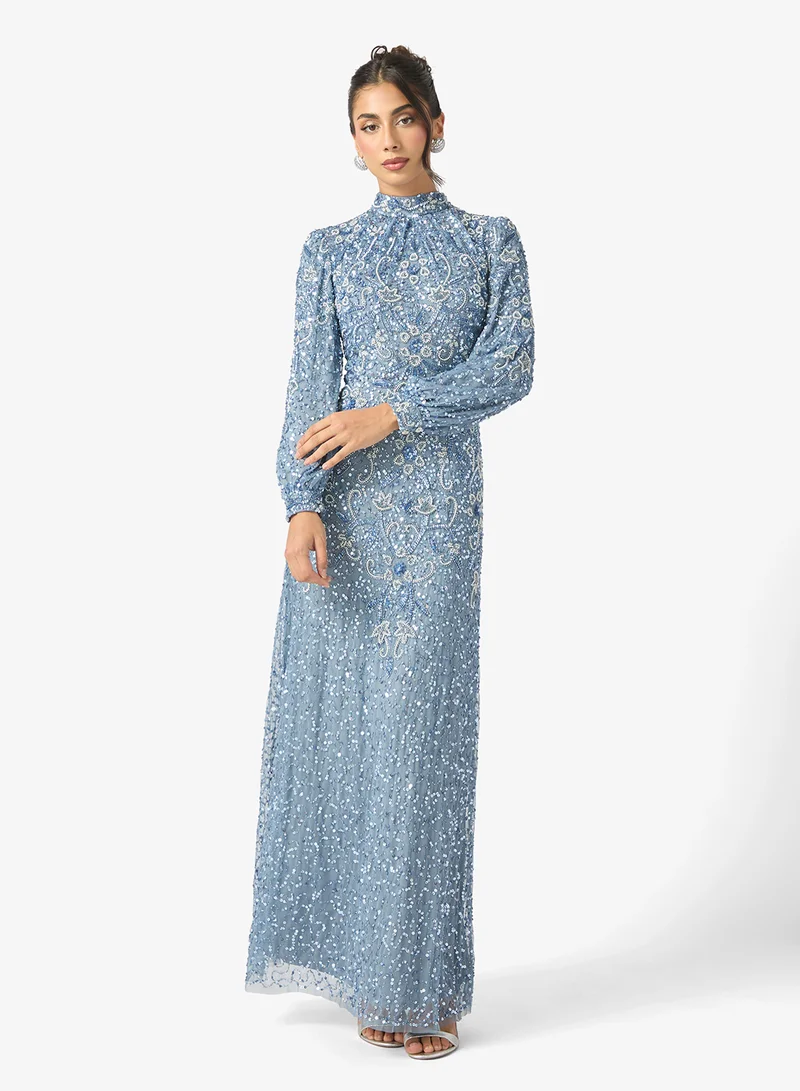 MARYISA Amani Modest Embellished Sequin High Neck Cuff Sleeve Maxi Dress