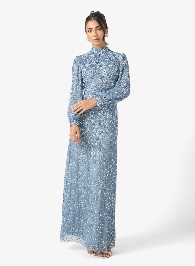 MARYISA Amani Modest Embellished Sequin High Neck Cuff Sleeve Maxi Dress - Image 1