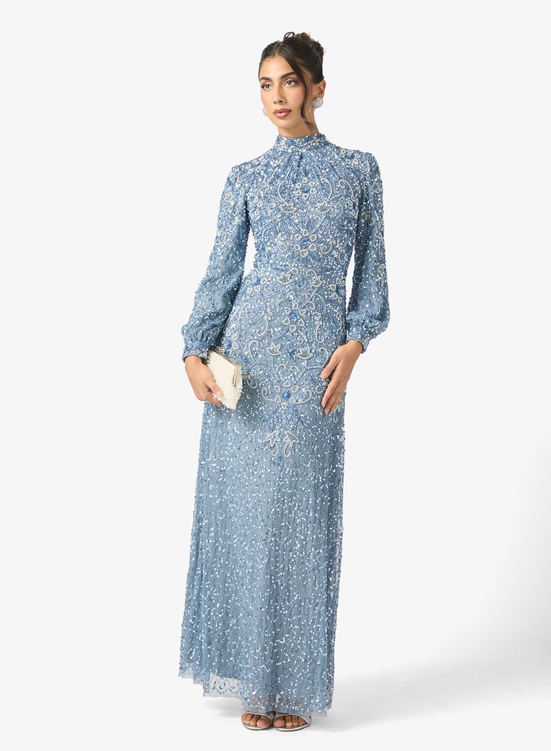 MARYISA Amani Modest Embellished Sequin High Neck Cuff Sleeve Maxi Dress - Image 4