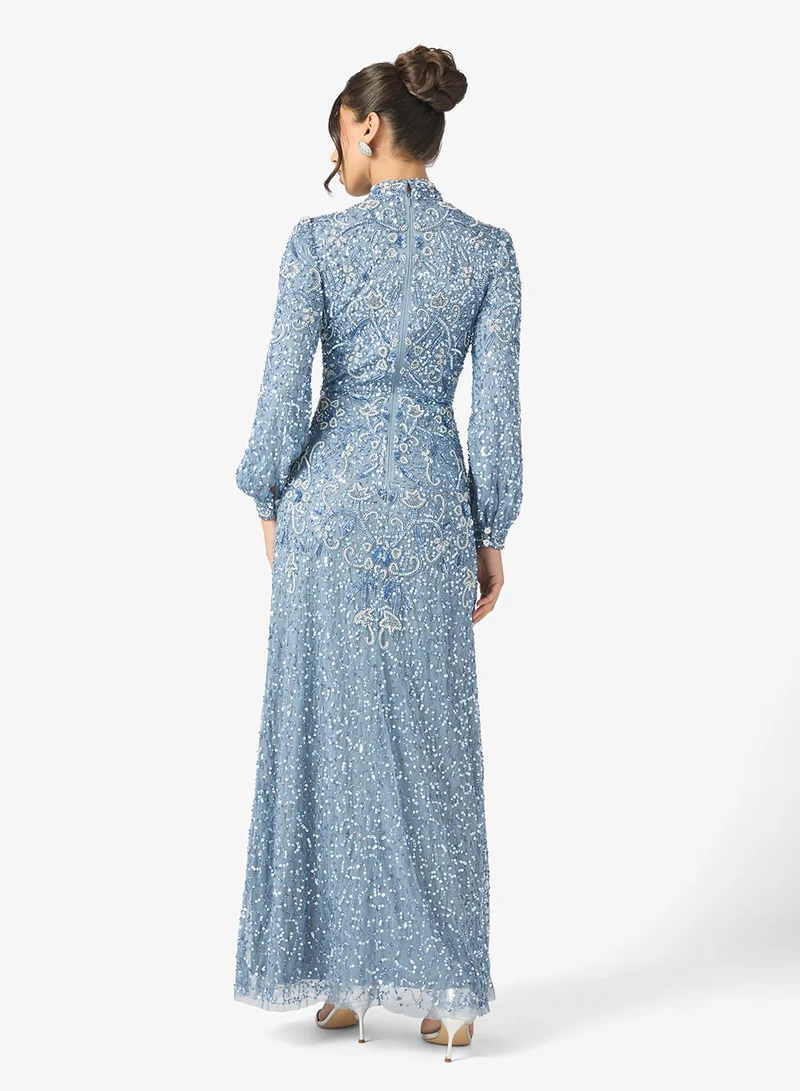 MARYISA Amani Modest Embellished Sequin High Neck Cuff Sleeve Maxi Dress