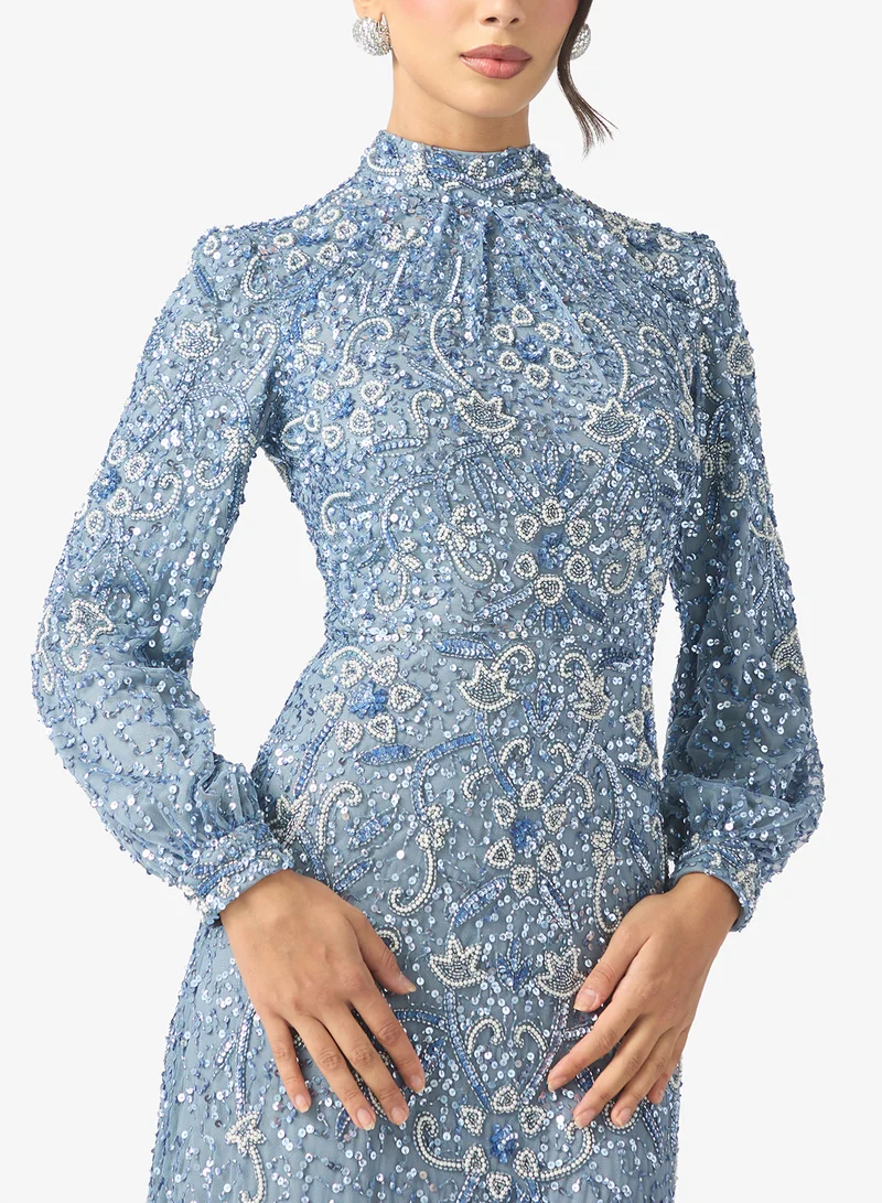 MARYISA Amani Modest Embellished Sequin High Neck Cuff Sleeve Maxi Dress