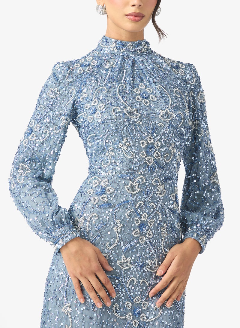 MARYISA Amani Modest Embellished Sequin High Neck Cuff Sleeve Maxi Dress - Image 3