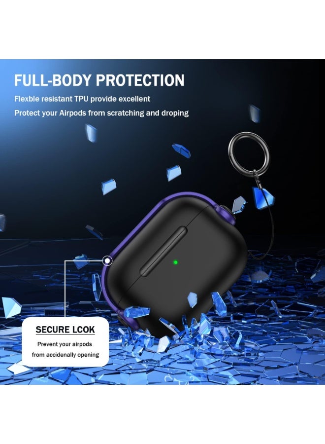 دكينج مناسبة لغطاء حماية AirPods Pro 3، تصميم قفل أمان مبتكر لسماعات الموسيقى، غطاء TPU مع سلسلة مفاتيح، مقاوم للصدمات والغبار، أسود/بنفسجي - Image 4