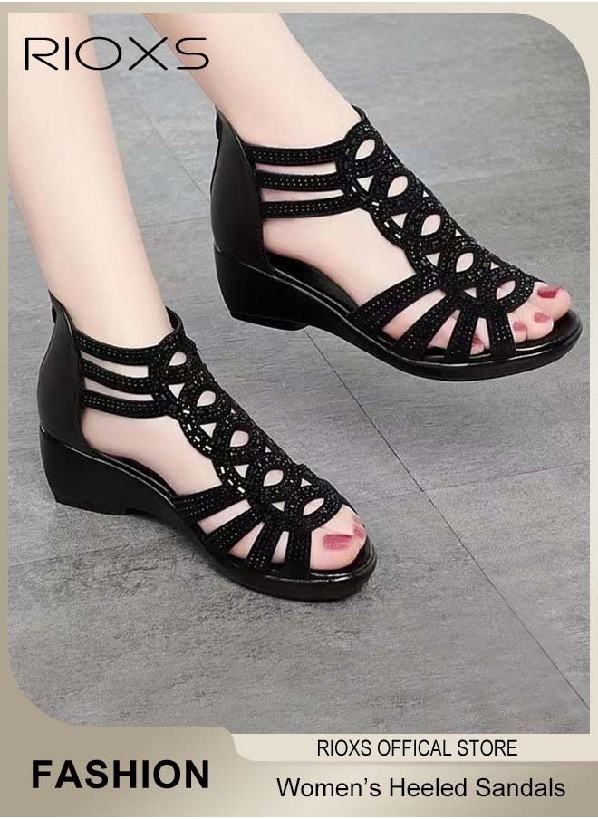 RIOXS - Women's Flat Sandals, Fashion Rhinestone Strappy Black Sandals For Women, Ladies Fish Mouth Hollow Roman Shoes, Back Zippers Sandals, Non-Slip Open-toes Flats Shoes, PU Leather Slides Sandal For Daily Wear/ Special Occasions, Casual Womens Girls Sandals - Image 1