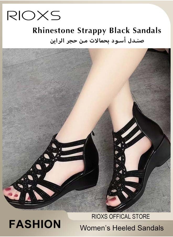 RIOXS - Women's Flat Sandals, Fashion Rhinestone Strappy Black Sandals For Women, Ladies Fish Mouth Hollow Roman Shoes, Back Zippers Sandals, Non-Slip Open-toes Flats Shoes, PU Leather Slides Sandal For Daily Wear/ Special Occasions, Casual Womens Girls Sandals - Image 1
