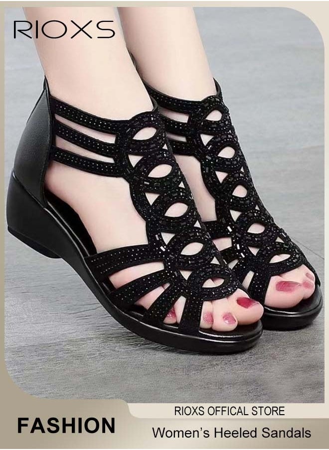 RIOXS - Women's Flat Sandals, Fashion Rhinestone Strappy Black Sandals For Women, Ladies Fish Mouth Hollow Roman Shoes, Back Zippers Sandals, Non-Slip Open-toes Flats Shoes, PU Leather Slides Sandal For Daily Wear/ Special Occasions, Casual Womens Girls Sandals - Image 1