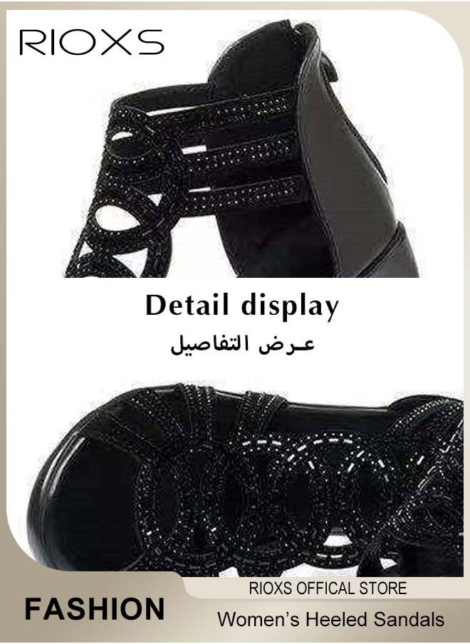 RIOXS - Women's Flat Sandals, Fashion Rhinestone Strappy Black Sandals For Women, Ladies Fish Mouth Hollow Roman Shoes, Back Zippers Sandals, Non-Slip Open-toes Flats Shoes, PU Leather Slides Sandal For Daily Wear/ Special Occasions, Casual Womens Girls Sandals - Image 1