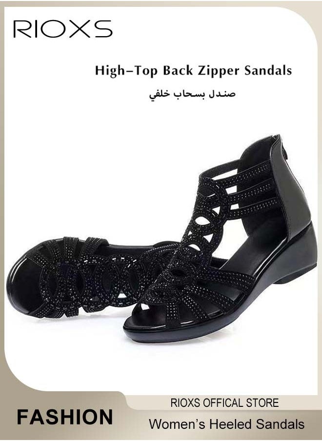 RIOXS - Women's Flat Sandals, Fashion Rhinestone Strappy Black Sandals For Women, Ladies Fish Mouth Hollow Roman Shoes, Back Zippers Sandals, Non-Slip Open-toes Flats Shoes, PU Leather Slides Sandal For Daily Wear/ Special Occasions, Casual Womens Girls Sandals - Image 1