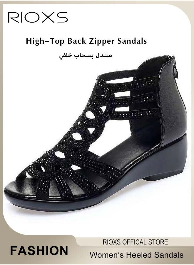 RIOXS - Women's Flat Sandals, Fashion Rhinestone Strappy Black Sandals For Women, Ladies Fish Mouth Hollow Roman Shoes, Back Zippers Sandals, Non-Slip Open-toes Flats Shoes, PU Leather Slides Sandal For Daily Wear/ Special Occasions, Casual Womens Girls Sandals - Image 1