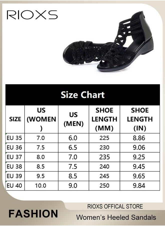RIOXS - Women's Flat Sandals, Fashion Rhinestone Strappy Black Sandals For Women, Ladies Fish Mouth Hollow Roman Shoes, Back Zippers Sandals, Non-Slip Open-toes Flats Shoes, PU Leather Slides Sandal For Daily Wear/ Special Occasions, Casual Womens Girls Sandals - Image 1