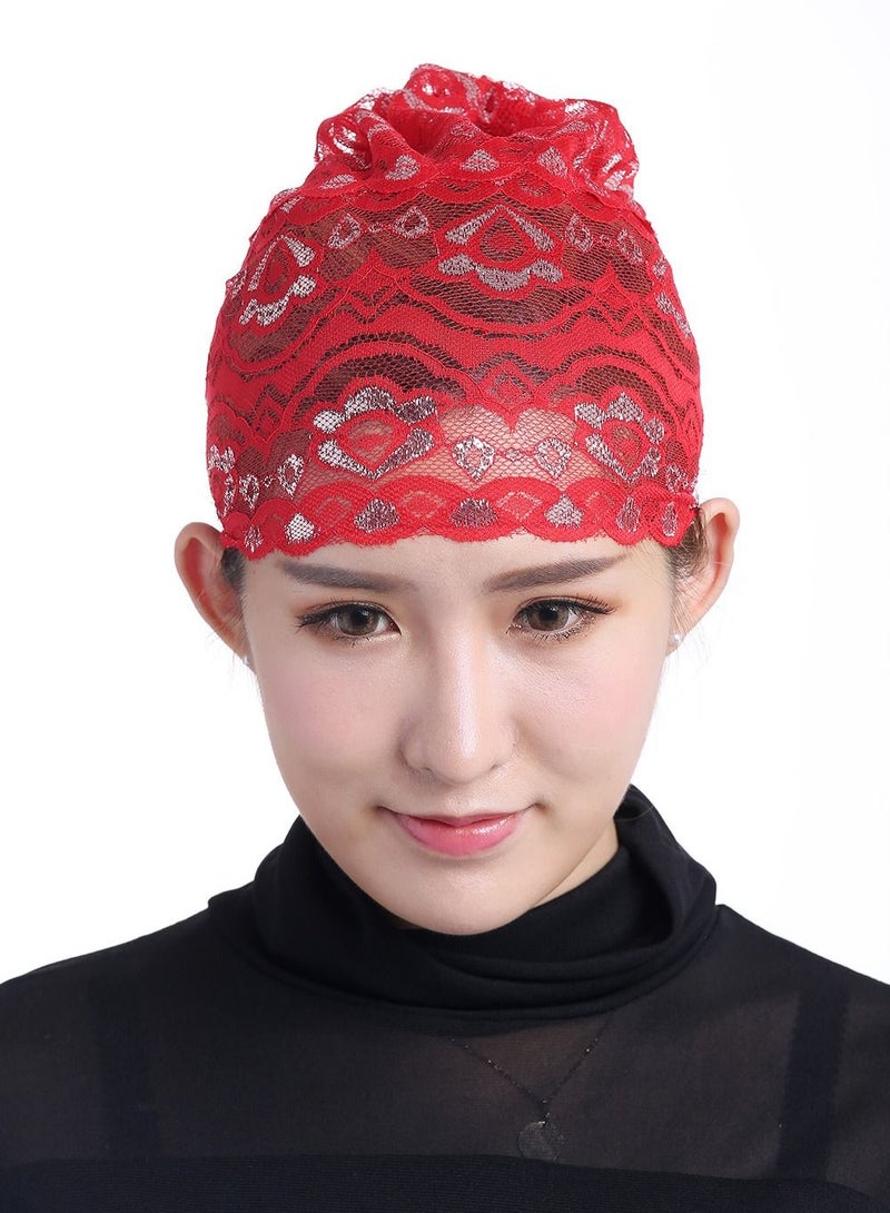 Loquat Women's Shiny Lace Hijab Inner Cap Red  - Image 1