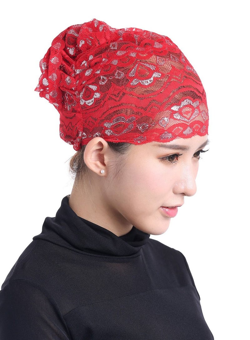 Loquat Women's Shiny Lace Hijab Inner Cap Red  - Image 2