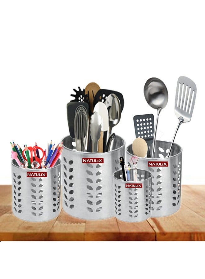 NATULIX Stainless Steel Multipurpose Spoon Stand for kitchen | Pen Stand | Cutlery Stand | Spoon Holder for Kitchen & Dining Table | Cutlery Set | Silver | Set of 4 | Size ( 7cm - 10cm) - Image 2