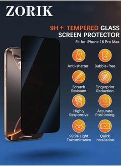 ZORIK [2Pack] for iPhone 16 Pro Max Privacy Screen Protector 6.9inch, 9H+ Anti-Spy Tempered Glass Film for iPhone 16 Pro Max Screen Protector Privacy  - Image 1