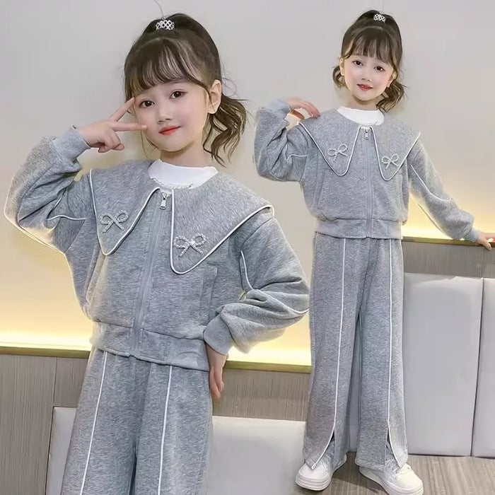 Girls Korean-style Solid Color suit for Middle and Big Kids Spring and Autumn New Style Trendy Doll Collar Cardigan Top Wide Leg Pants Two-piece Set Gray