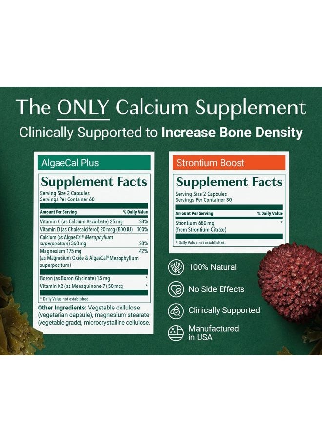 ALGAECAL - AlgaeCal - Bone Builder Pack for Bone Density Increase, Clinically Supported Plant Based Calcium Supplement & Strontium, Vitamins K2 (100mg), D3 (1600 IU), Magnesium & 16 Essential nutrients - Image 1