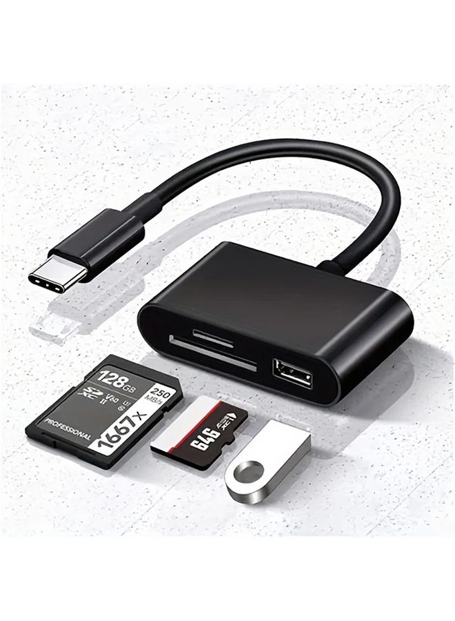 قارئ بطاقات USB-C ثلاثي في واحد، أسود وأبيض مع محول OTG، مناسب لأجهزة لابتوب وآيباد وماك بوك والكمبيوتر الشخصي. - Image 1