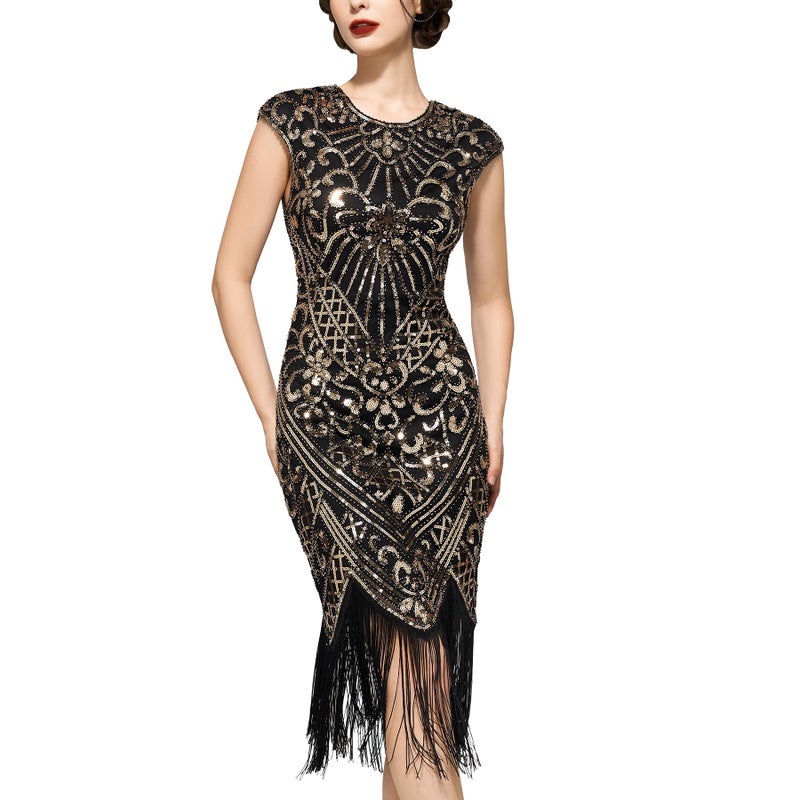 SWEETV Women's Flapper Dresses 1920s Great Gatsby Dresses Sequin Fringed Roaring 20s Cocktail Dress Black-Gold Medium - Image 1