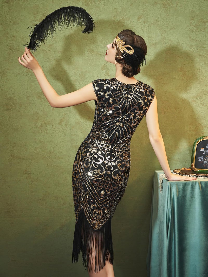 SWEETV Women's Flapper Dresses 1920s Great Gatsby Dresses Sequin Fringed Roaring 20s Cocktail Dress Black-Gold Medium - Image 3