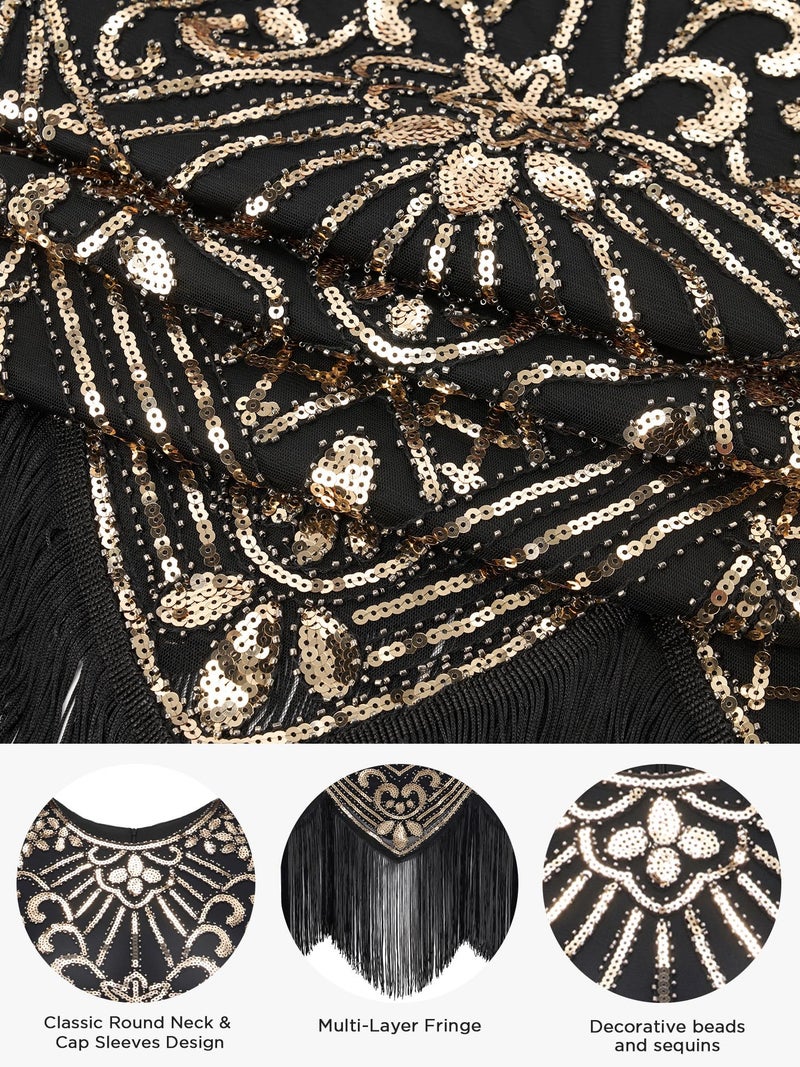 SWEETV Women's Flapper Dresses 1920s Great Gatsby Dresses Sequin Fringed Roaring 20s Cocktail Dress Black-Gold Medium - Image 5