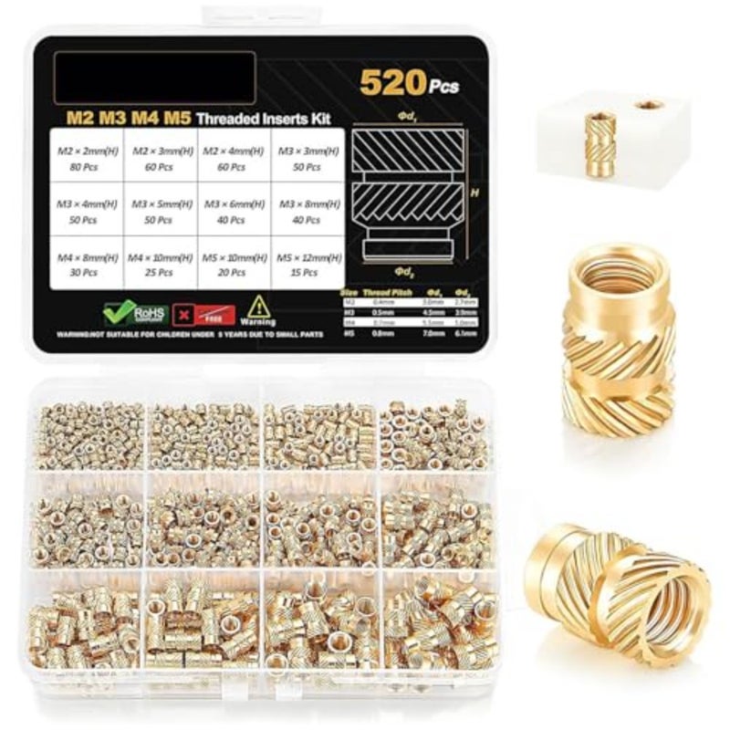 520 Pieces M2 M3 M4 M5 Threaded Inserts Assortment Kit for 3D Printing, Brass Knurled Nuts, Metric Heat Set Inserts for Plastic Components - Image 1