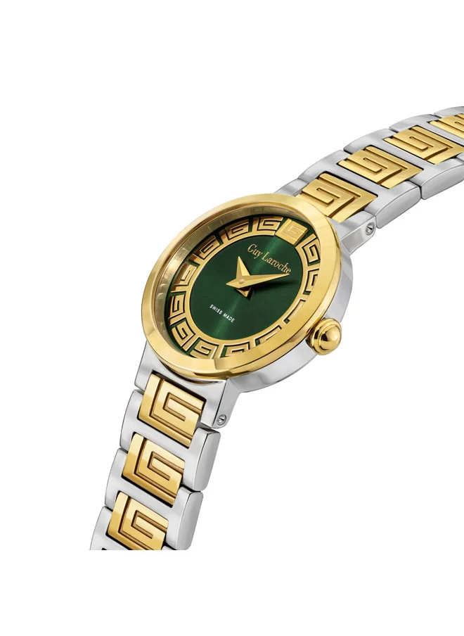 غاي لاروش Ariane 25mm Ladies Swiss Quartz Watch with Green Swirl Sunray Dial, Dual-Toned Stainless Steel Bracelet & Sapphire Glass