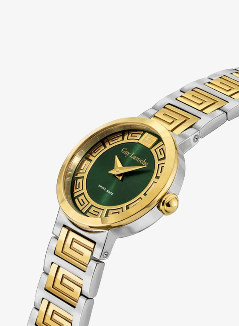 Guy Laroche Ariane 25mm Ladies Swiss Quartz Watch with Green Swirl Sunray Dial, Dual-Toned Stainless Steel Bracelet & Sapphire Glass