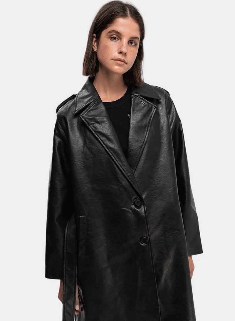In Your Shoe Buttoned Leather Coat - Image 1
