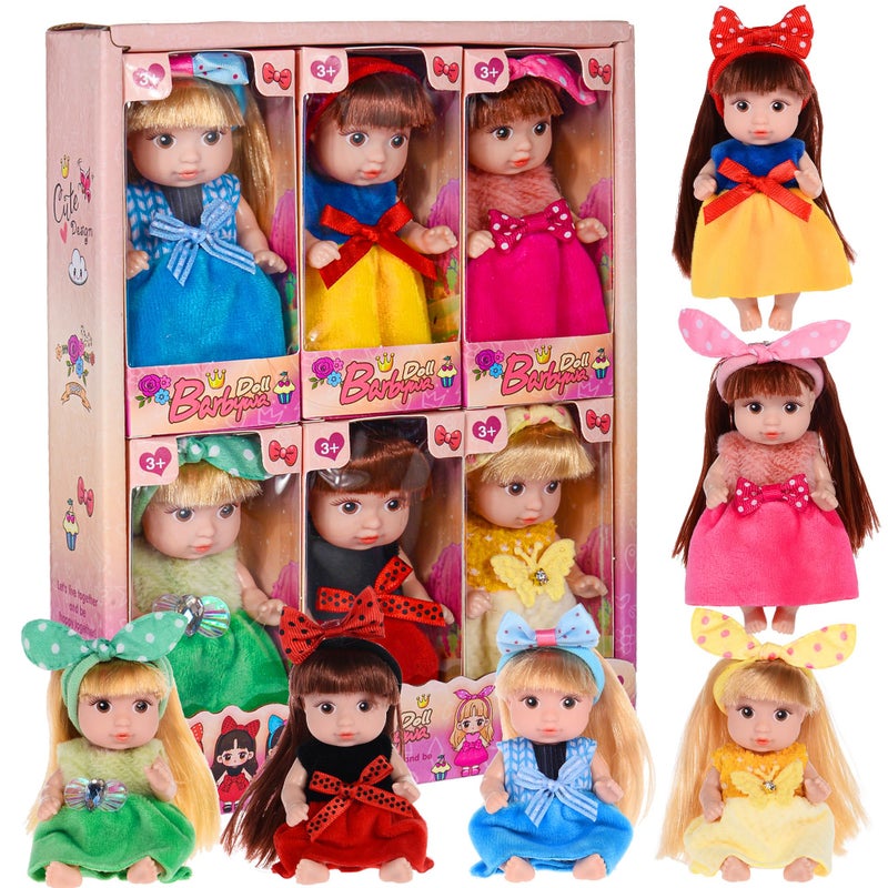 dollbie 6 Pack 4 Inch Mini Fashion Doll Collection 6 Unique Stylable Hair Dolls with Rotatable Limbs Cute Outfits Collectible Toy Gift for Kids - Image 3