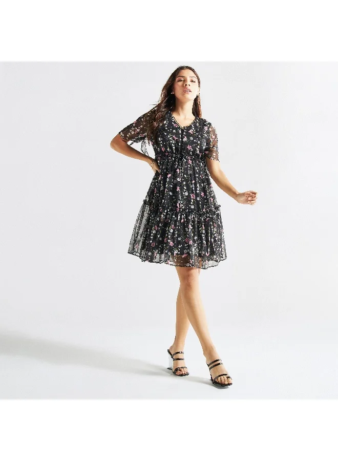Splash FAV All-Over Floral Print V-neck Dress with Tie-Ups and Pockets