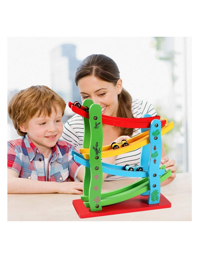 Wooden Race Track Toddler Toy for Boys and Girls Car Ramp Racer with 4 Mini Car Sliding Track Racer Learning And Educational Toy 4 layers wooden Sliding. - Image 5