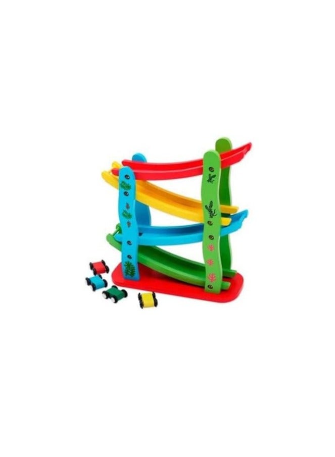 Wooden Race Track Toddler Toy for Boys and Girls Car Ramp Racer with 4 Mini Car Sliding Track Racer Learning And Educational Toy 4 layers wooden Sliding. - Image 2
