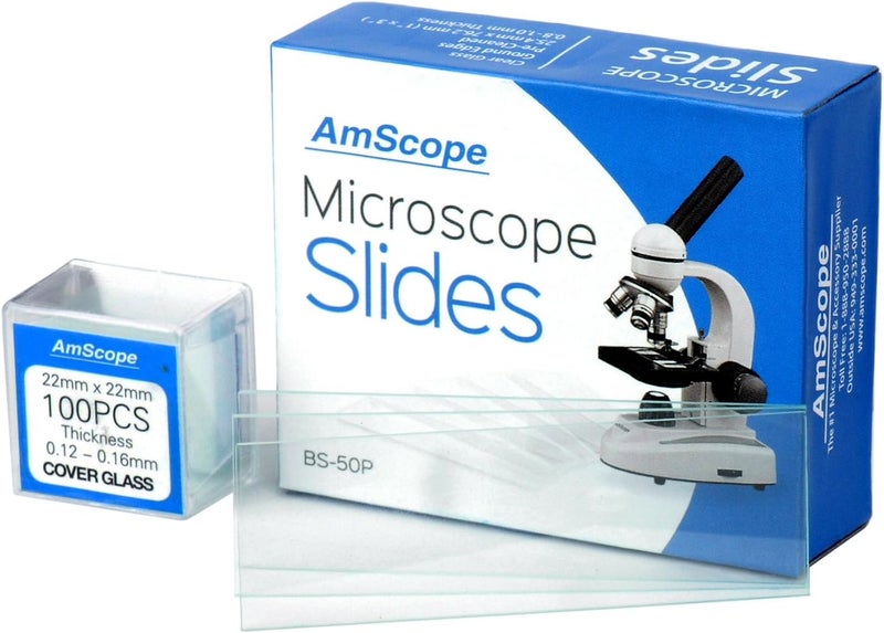 AmScope AmScope BS50P100S22 PreCleaned Blank Ground Edge Glass Microscope Slides and 100pc PreCleaned Square Glass Cover Slips Coverslips  - Image 1