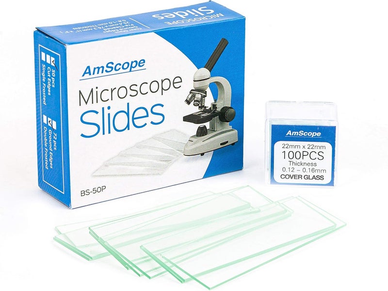 AmScope AmScope BS50P100S22 PreCleaned Blank Ground Edge Glass Microscope Slides and 100pc PreCleaned Square Glass Cover Slips Coverslips  - Image 2