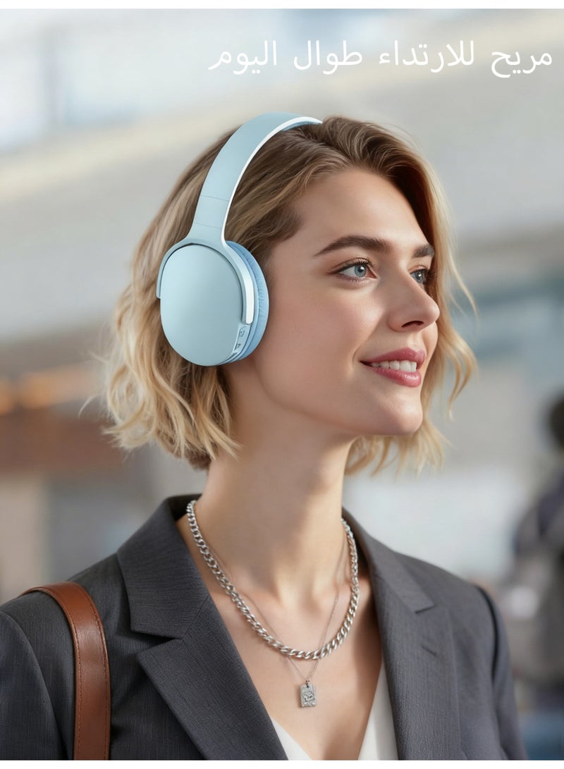 سماعات رأس لاسلكية فوق الأذن - سماعة بلوتوث 5.3 مع مكبر صوت 40 مم، صوت جهير قوي، فتحة لبطاقة TF، منفذ صوت 3.5 مم - متوافقة مع أجهزة iPhone وiPad وأجهزة الكمبيوتر المحمولة وأجهزة Android - لون أزرق - Image 4