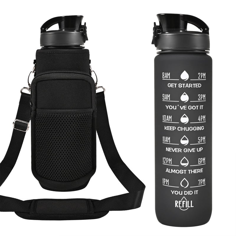 32 oz Water Bottles with Straw & Strap  Motivational Water Bottles with Times to Drink  BPA Free Reusable Sports Water Bottle with Sleeve Carrier for Hiking  Travel  Running or Fitness (Dark Black)