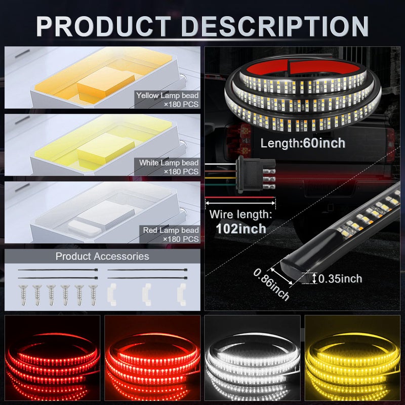 LivTee 60" Truck Tailgate Light Bar, Triple Row 540 LED Brake/Reverse/Sequential Amber Turn Signals, IP68 Waterproof, Truck Accessories - Image 4