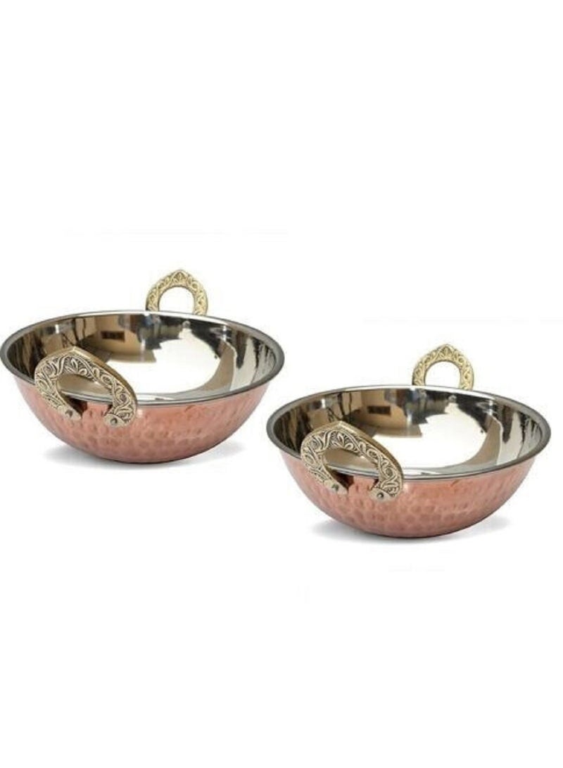 Royal Copper Hammered Wok/kadhai Serving Indian Dishes Home Restaurant Hotel 14 CM (Pack of 2) (400 ML) - Image 1