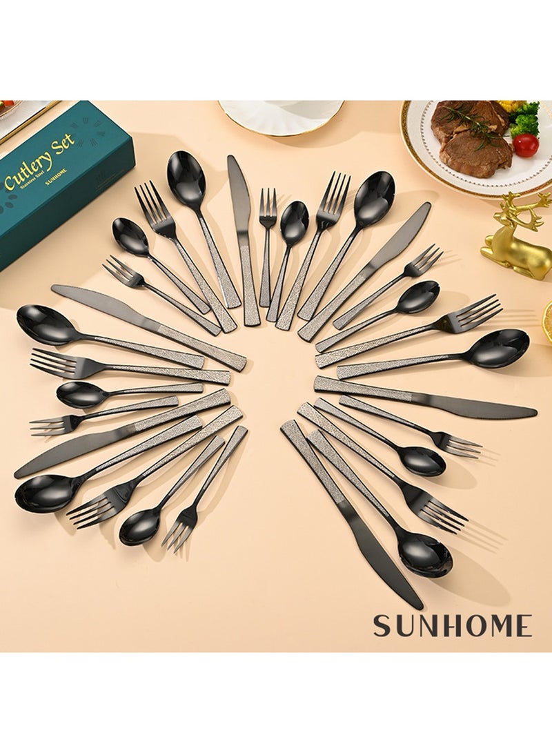 صن هوم مجموعة أدوات مائدة من الفولاذ المقاوم للصدأ من SUNHOME مكونة من 30 قطعة، مجموعة أدوات مطبخ غربية مناسبة للمنزل والمطبخ والمطعم والفندق والحفلات وتناول الطعام والنزهات، عبوة رائعة هدية باللون الأسود  - Image 5
