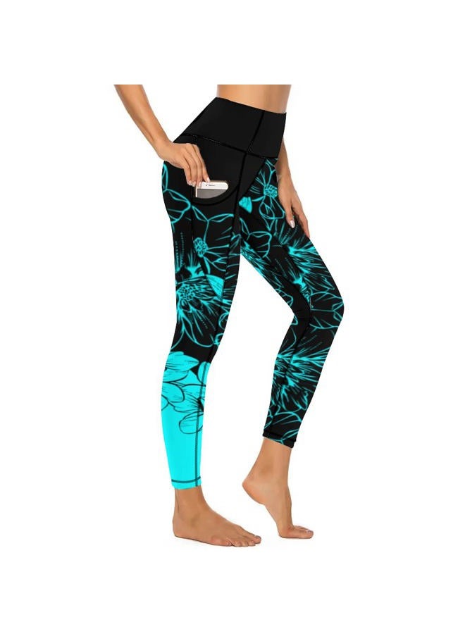 KevaMolly Yoga Pants with Phone Pockets for Women High Waisted Leggings Petite Length Workout Activewear Y2k Blue Flower Print - Image 1