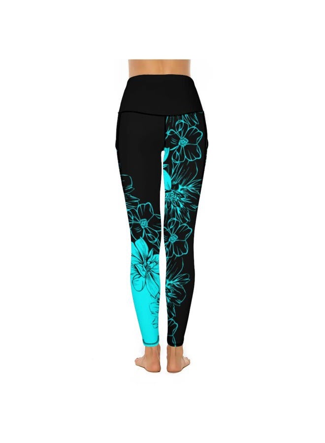 KevaMolly Yoga Pants with Phone Pockets for Women High Waisted Leggings Petite Length Workout Activewear Y2k Blue Flower Print - Image 3