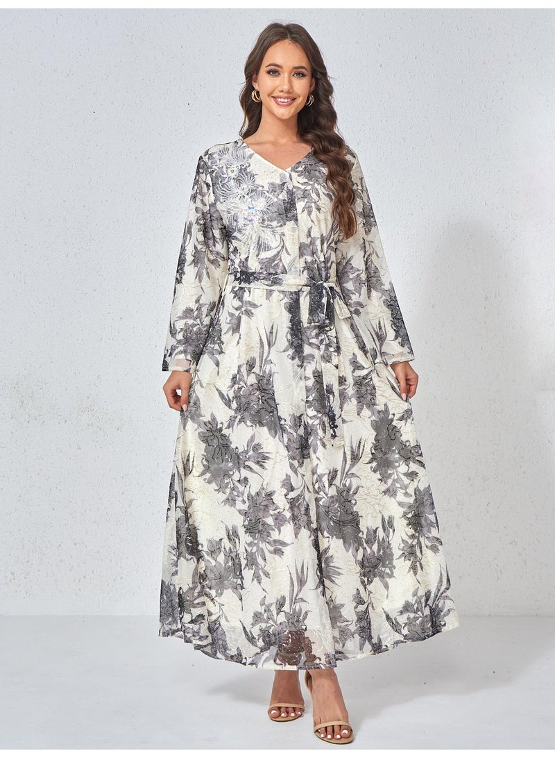 Kaiyuede Abaya Daily Eid Off-White Grey Floral Sequin Belted Polyester V-Neck Opaque Breathable S-XL - Image 1