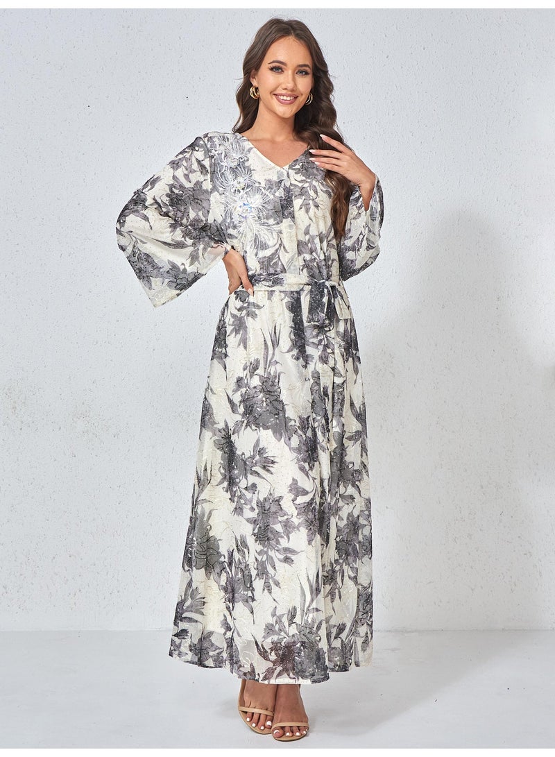 Kaiyuede Abaya Daily Eid Off-White Grey Floral Sequin Belted Polyester V-Neck Opaque Breathable S-XL - Image 4