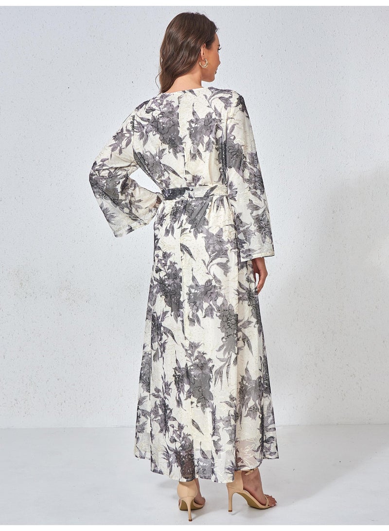 Kaiyuede Abaya Daily Eid Off-White Grey Floral Sequin Belted Polyester V-Neck Opaque Breathable S-XL - Image 2